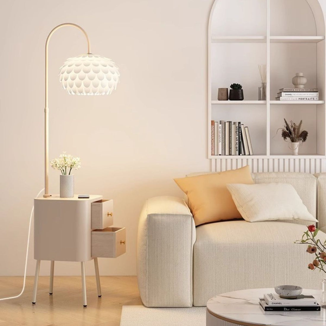 A stylish space-saving floor lamp with a built-in storage table and elegant curved design, placed beside a cozy beige sofa in a modern living room.